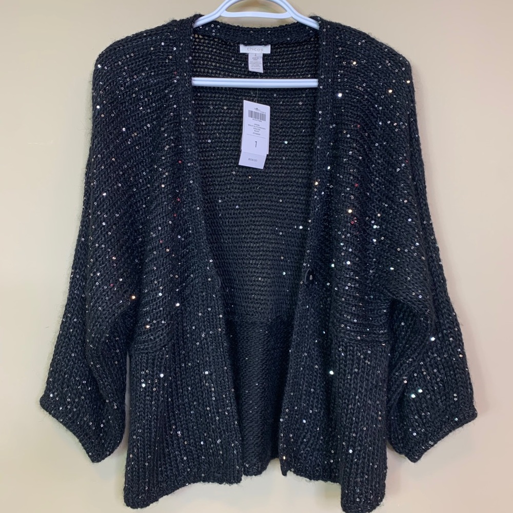 Chico’s Sequin Glitz Cardigan Sweater Black Size 1
